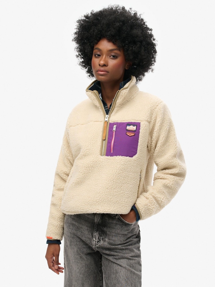Superdry Cream Vintage Retro Half Zip Fleece Jumper - Image 2 of 3 Superdry Cream Vintage Retro Half Zip Fleece Jumper - Image 2 of 3