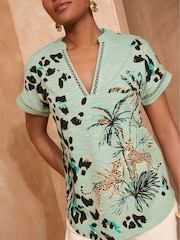 Love & Roses Light Green Animal Print V-Neck Jersey T-Shirt - Image 2 of 4