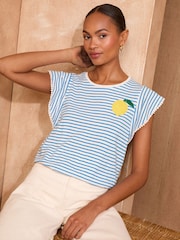 Love & Roses Blue Stripe Lemon Embroidery Flutter Sleeve Jersey T-Shirt - Image 1 of 4
