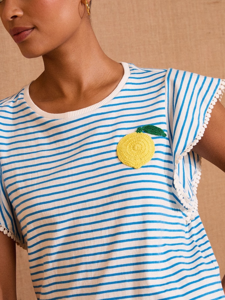 Love & Roses Blue Stripe Lemon Embroidery Flutter Sleeve Jersey T-Shirt - Image 2 of 4