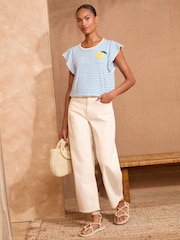 Love & Roses Blue Stripe Lemon Embroidery Flutter Sleeve Jersey T-Shirt - Image 3 of 4