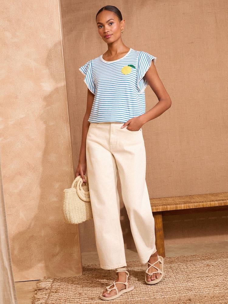 Love & Roses Blue Stripe Lemon Embroidery Flutter Sleeve Jersey T-Shirt - Image 3 of 4