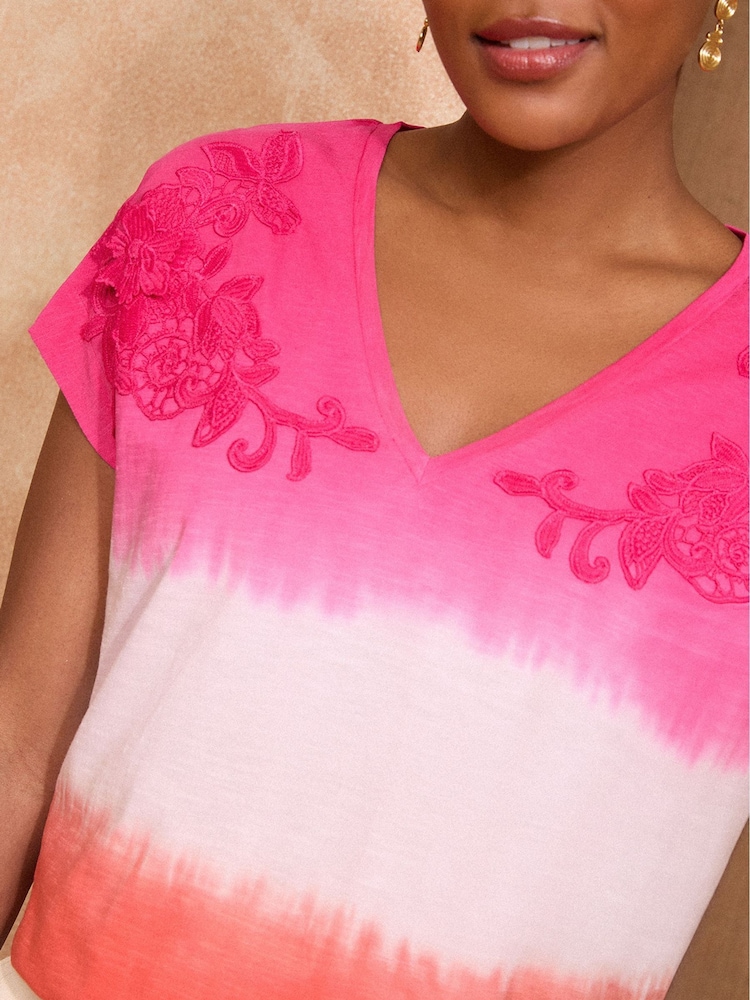 Love & Roses Pink and Orange Ombre Lace Detail Jersey V-Neck T-Shirt - Image 2 of 4 Love & Roses Pink and Orange Ombre Lace Detail Jersey V-Neck T-Shirt - Image 2 of 4