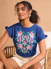 Love & Roses Cobalt Blue Floral Embroidered Flutter Sleeve Jersey T-Shirt - Image 1 of 4