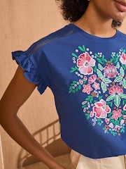 Love & Roses Cobalt Blue Floral Embroidered Flutter Sleeve Jersey T-Shirt - Image 2 of 4