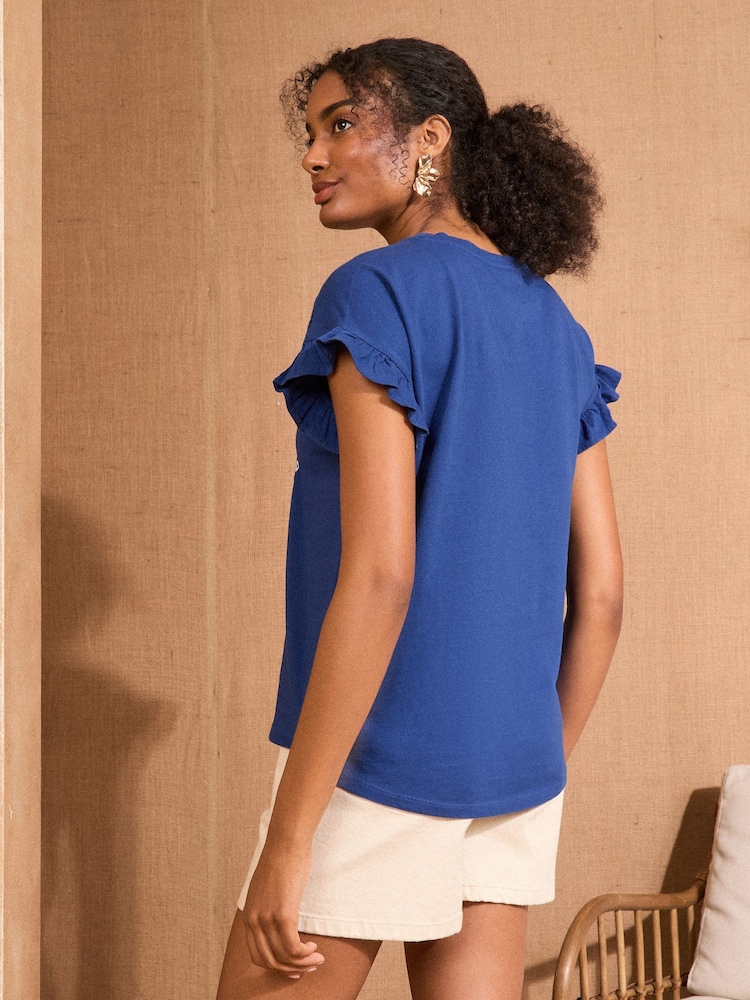 Love & Roses Cobalt Blue Floral Embroidered Flutter Sleeve Jersey T-Shirt - Image 4 of 4