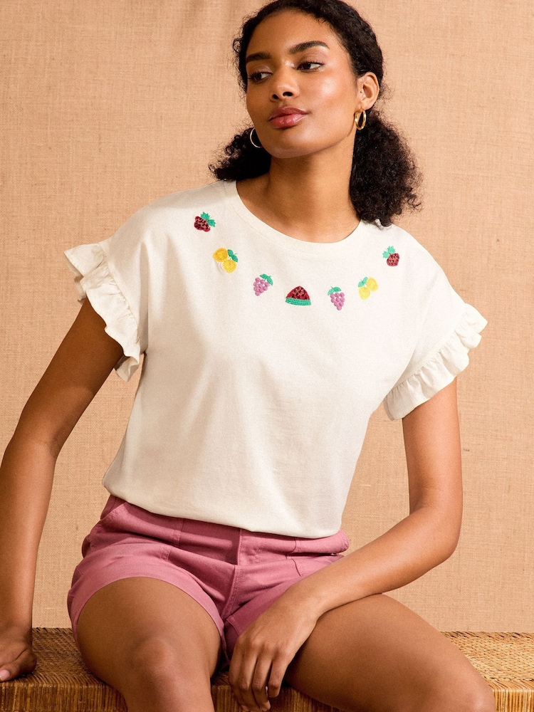 Love & Roses Ivory Fruit Embroidery Flutter Sleeve Jersey T-Shirt - Image 1 of 4