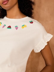 Love & Roses Ivory Fruit Embroidery Flutter Sleeve Jersey T-Shirt - Image 2 of 4