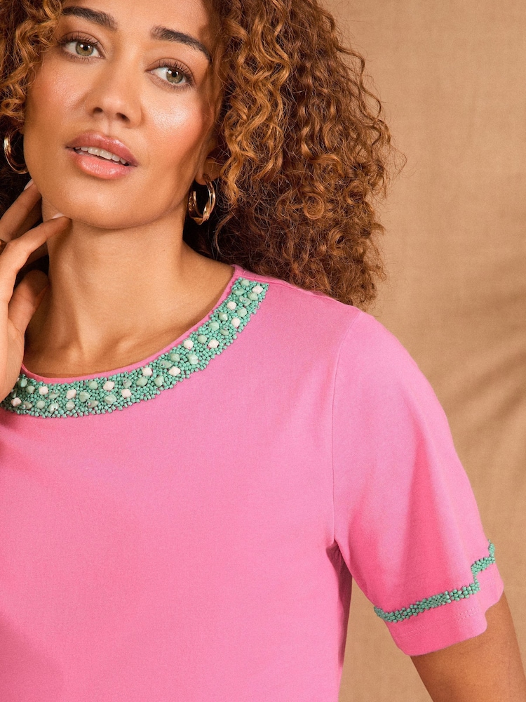 Love & Roses Pink Beaded Trim Crew Neck T-Shirt - Image 2 of 4