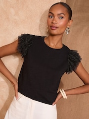 Love & Roses Black Mesh Frill Sleeve Jersey T-Shirt - Image 3 of 4