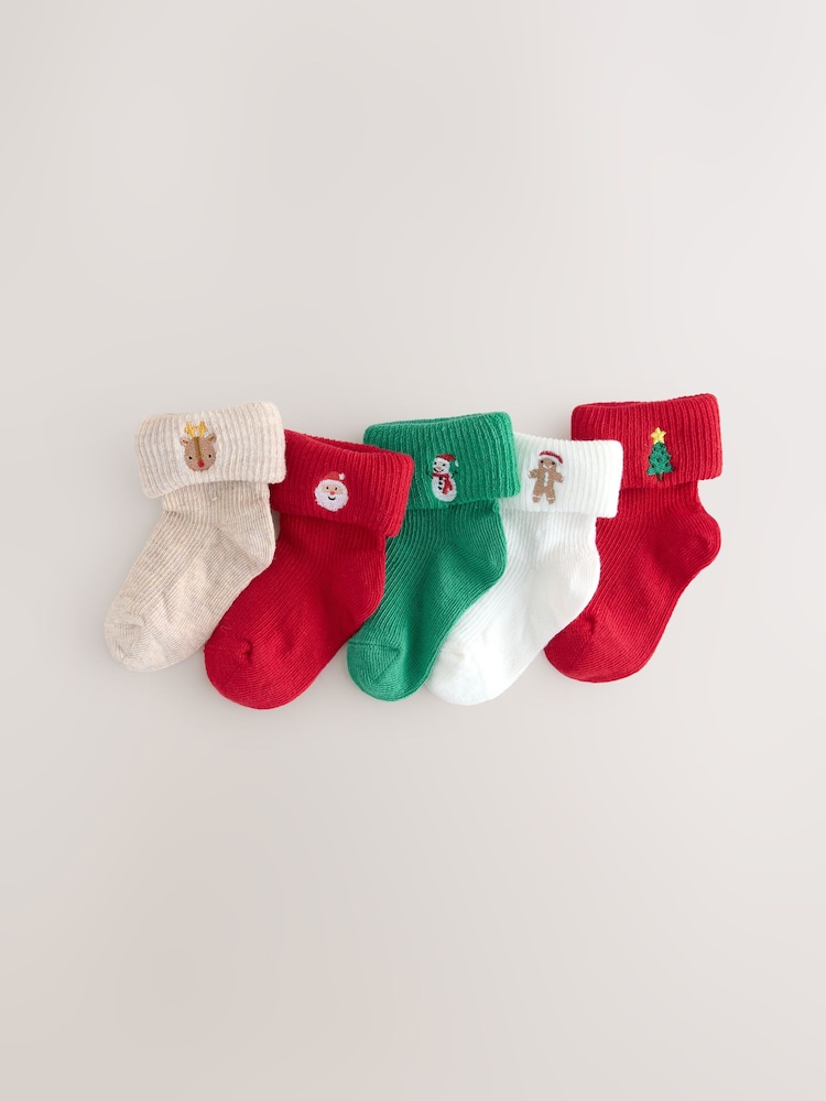 Red Baby Christmas Roll Top Socks 5 Pack (0mths-2yrs) - Image 1 of 3
