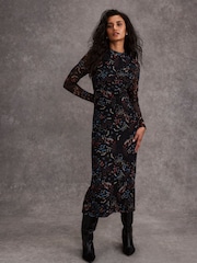 Mint Velvet Black Abstract Print Mesh Midi Dress - Image 1 of 8