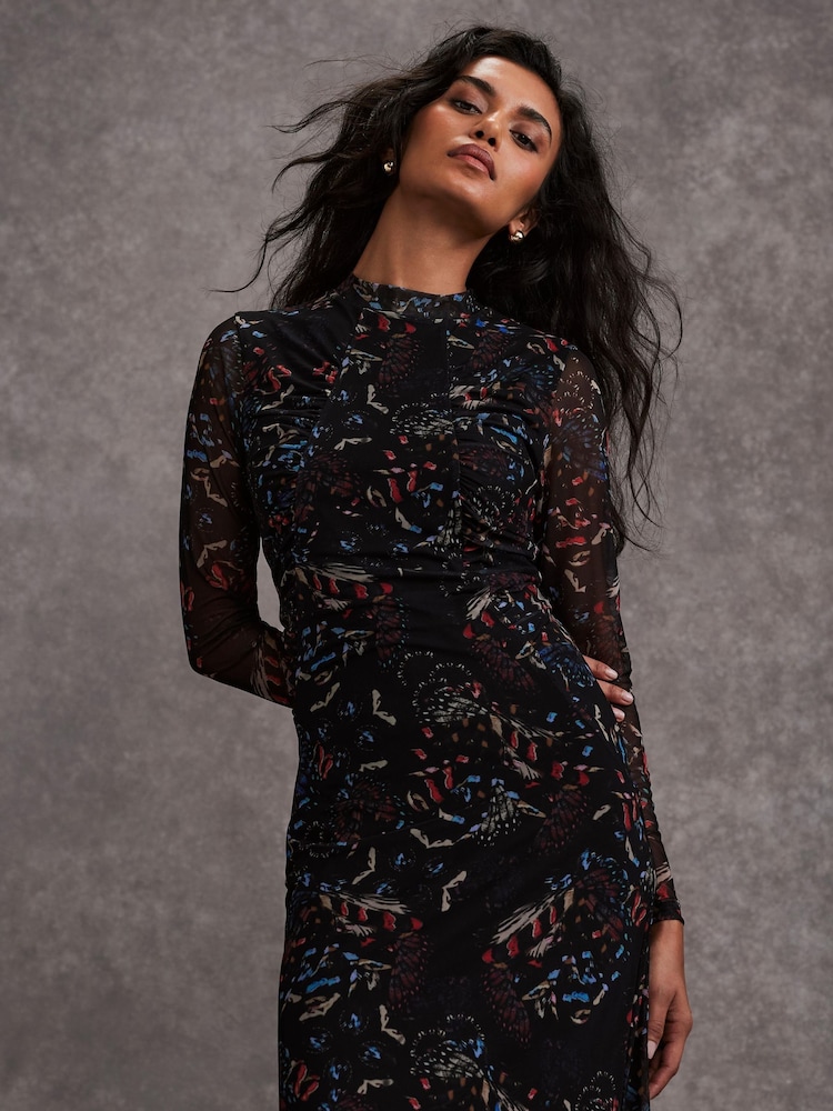 Mint Velvet Black Abstract Print Mesh Midi Dress - Image 2 of 8