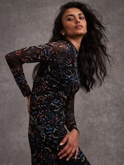 Mint Velvet Black Abstract Print Mesh Midi Dress - Image 4 of 8