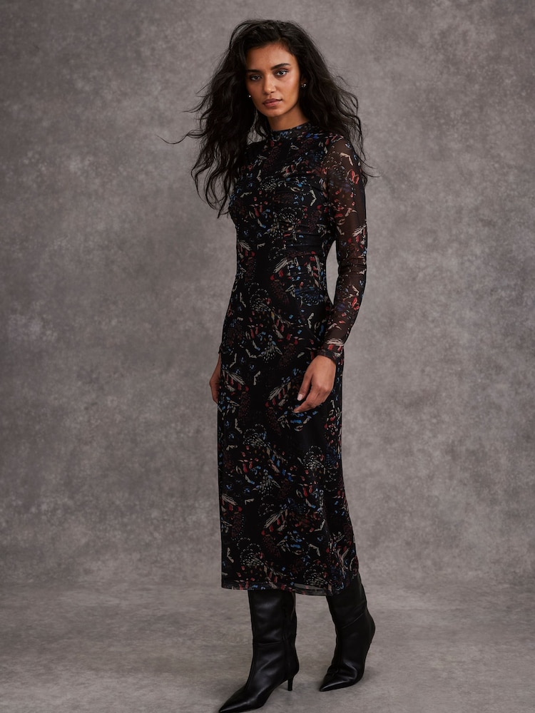Mint Velvet Black Abstract Print Mesh Midi Dress - Image 6 of 8