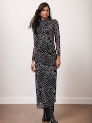 Mint Velvet Black Spot Print Mesh Midi Dress - Image 1 of 8