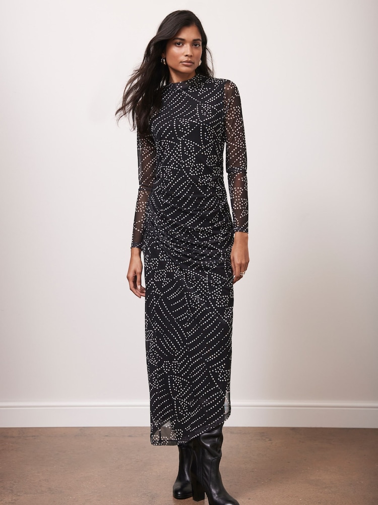 Mint Velvet Black Spot Print Mesh Midi Dress - Image 1 of 8