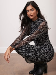 Mint Velvet Black Spot Print Mesh Midi Dress - Image 2 of 8