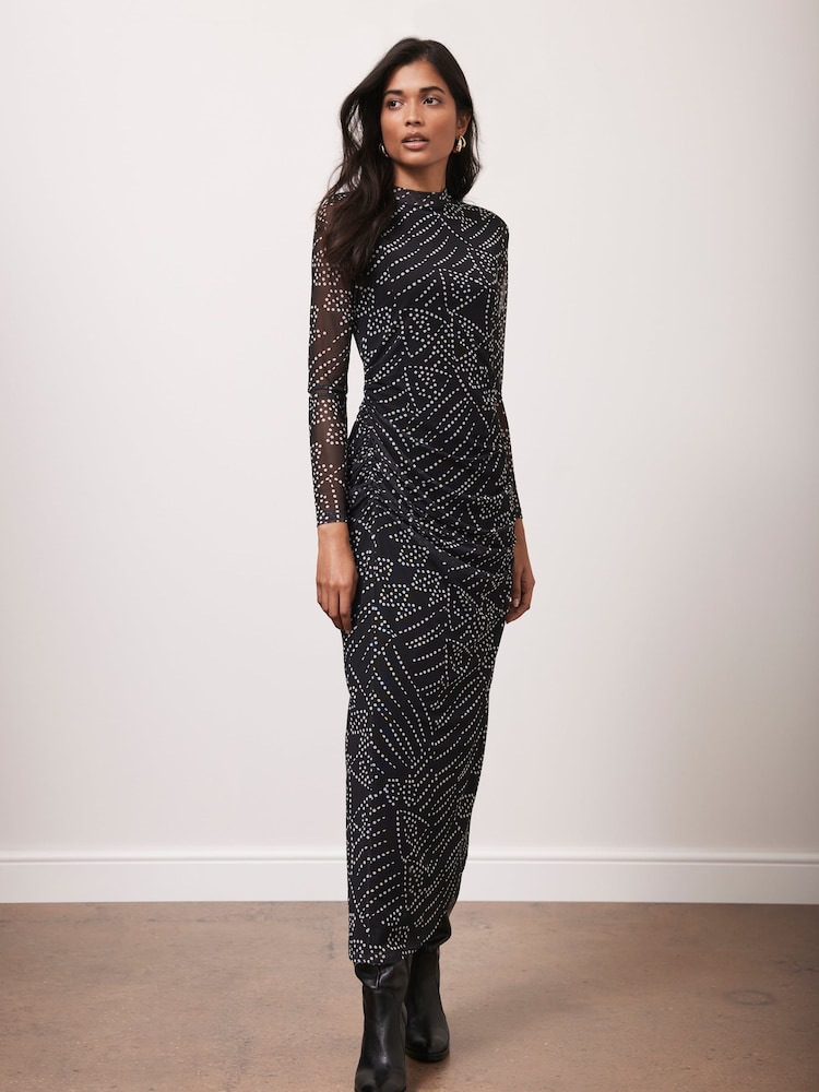 Mint Velvet Black Spot Print Mesh Midi Dress - Image 5 of 8