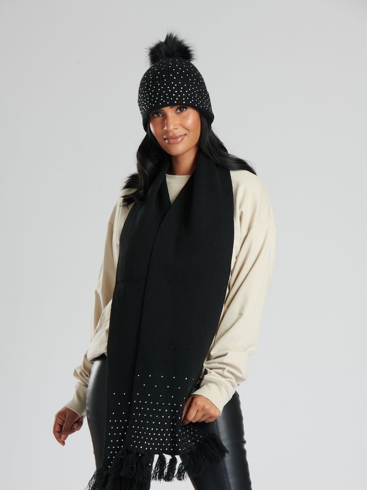 South Beach Black Gem Embellished Scarf And Hat Set - Image 1 of 6