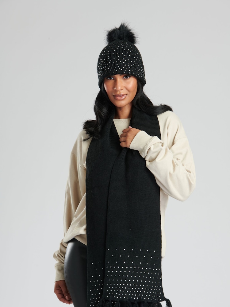 South Beach Black Gem Embellished Scarf And Hat Set - Image 2 of 6