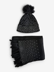 South Beach Black Gem Embellished Scarf And Hat Set - Image 6 of 6