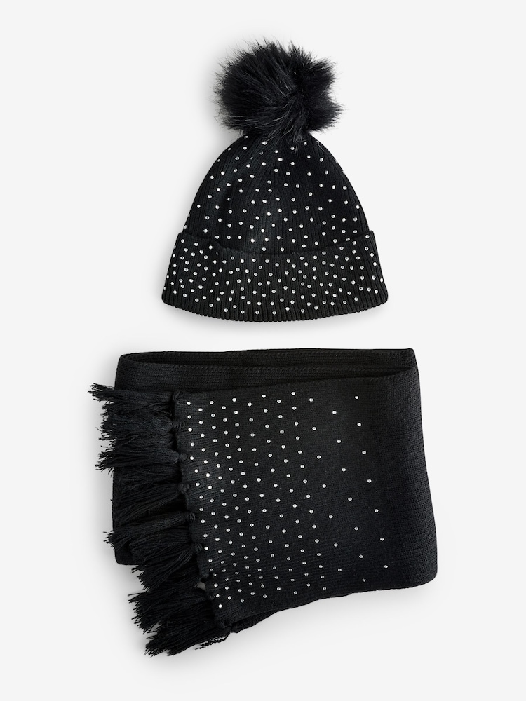 South Beach Black Gem Embellished Scarf And Hat Set - Image 6 of 6