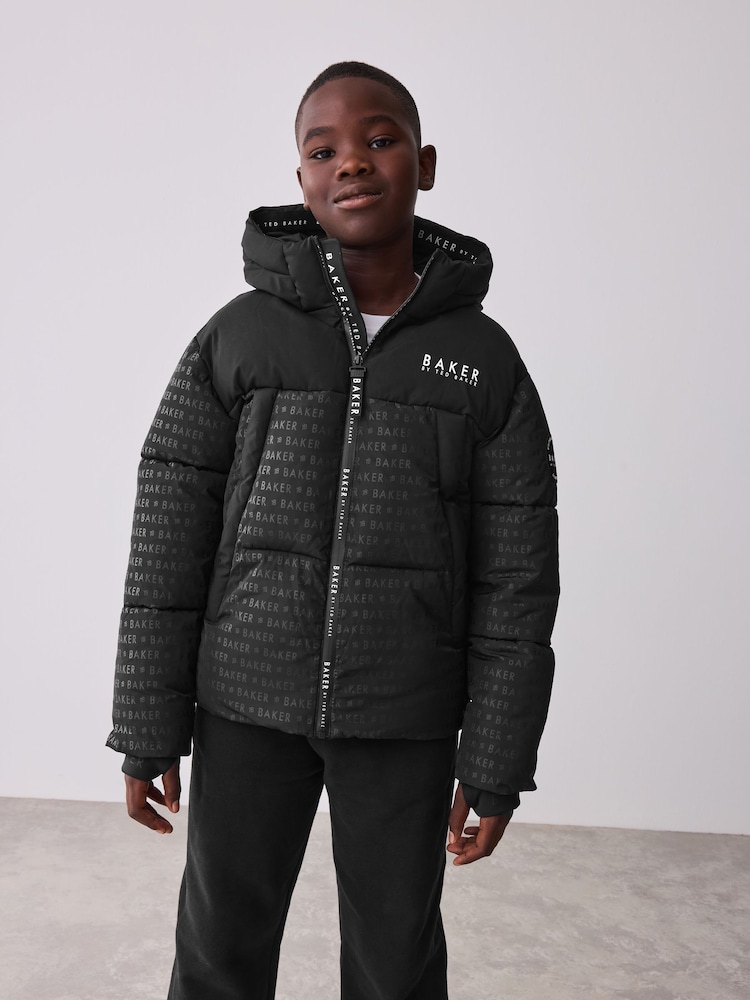 Baker by Ted Baker Shower Resistant Printed Black Padded Coat - Image 1 of 16 Baker by Ted Baker Shower Resistant Printed Black Padded Coat - Image 1 of 16