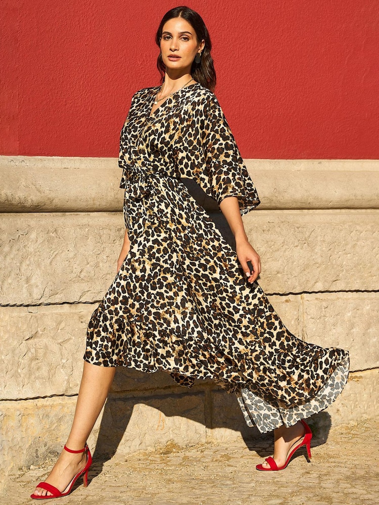 Yumi Brown Leopard Print Midi Wrap Dress With Kimono Sleeves - Image 1 of 5