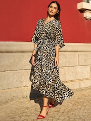 Yumi Brown Leopard Print Midi Wrap Dress With Kimono Sleeves - Image 3 of 5