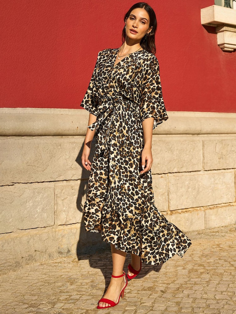 chinese dress ladies Camel Leopard Print Sleeveless Fitted Midi Dress main image 0