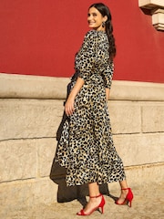 Yumi Brown Leopard Print Midi Wrap Dress With Kimono Sleeves - Image 4 of 5