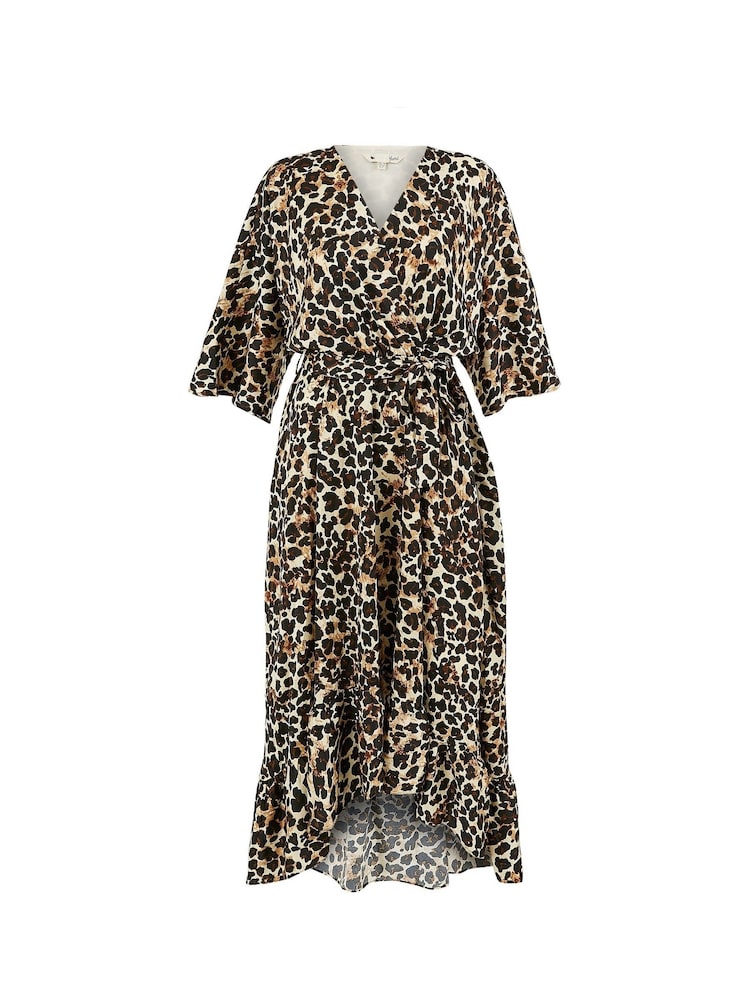 Yumi Brown Leopard Print Midi Wrap Dress With Kimono Sleeves - Image 5 of 5