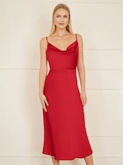 Yumi Red Satin Cowl Neck Midi Dress - Image 1 of 5