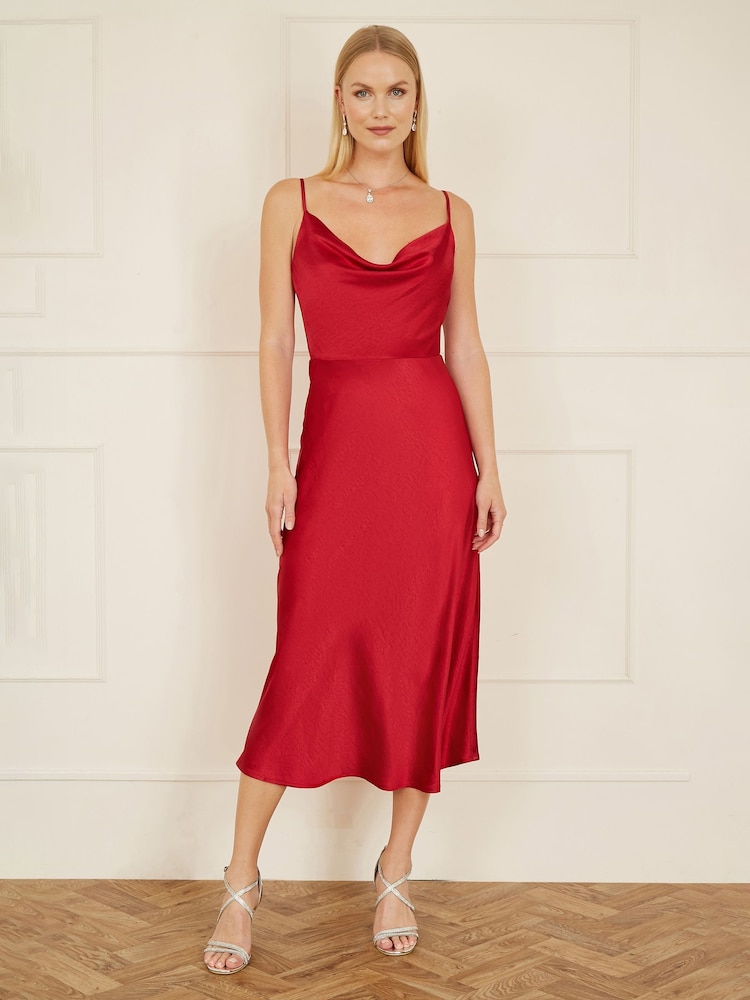 Yumi Red Satin Cowl Neck Midi Dress - Image 2 of 5