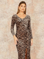 Yumi Brown Velvet Leopard Print Fitted Midi Dress - Image 1 of 5
