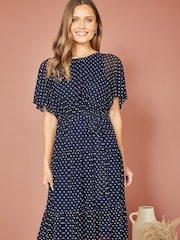 Yumi Blue Dot Print Mesh Stretch Midi Skater Dress - Image 1 of 4