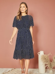 Yumi Blue Dot Print Mesh Stretch Midi Skater Dress - Image 2 of 4