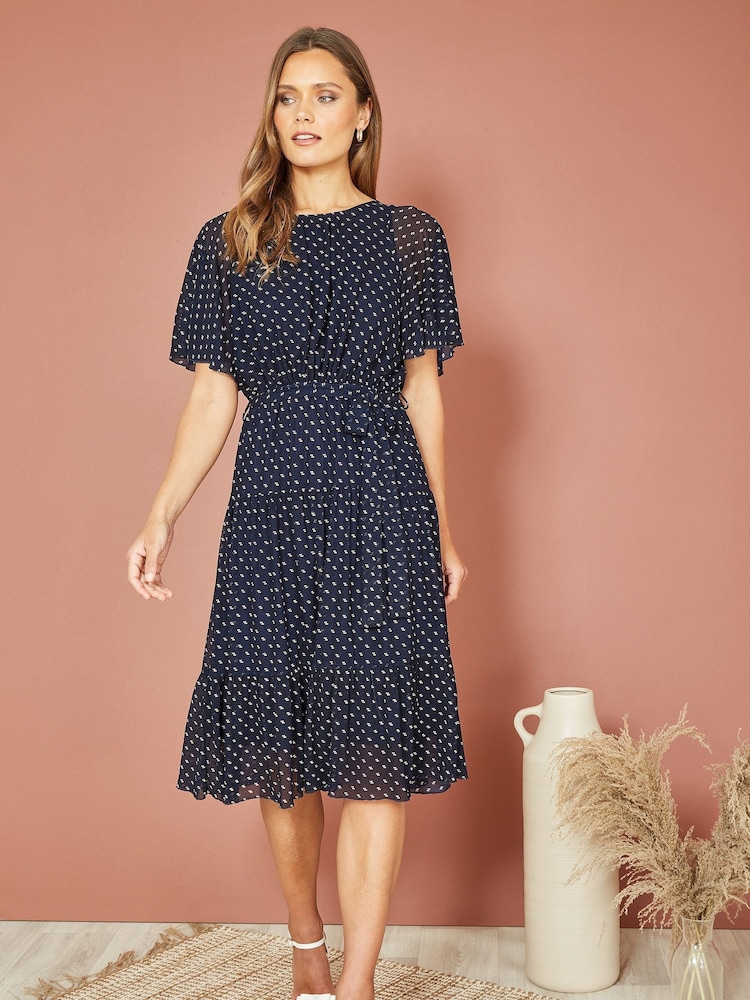 Yumi Blue Dot Print Mesh Stretch Midi Skater Dress - Image 2 of 4