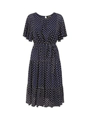 Yumi Blue Dot Print Mesh Stretch Midi Skater Dress - Image 4 of 4
