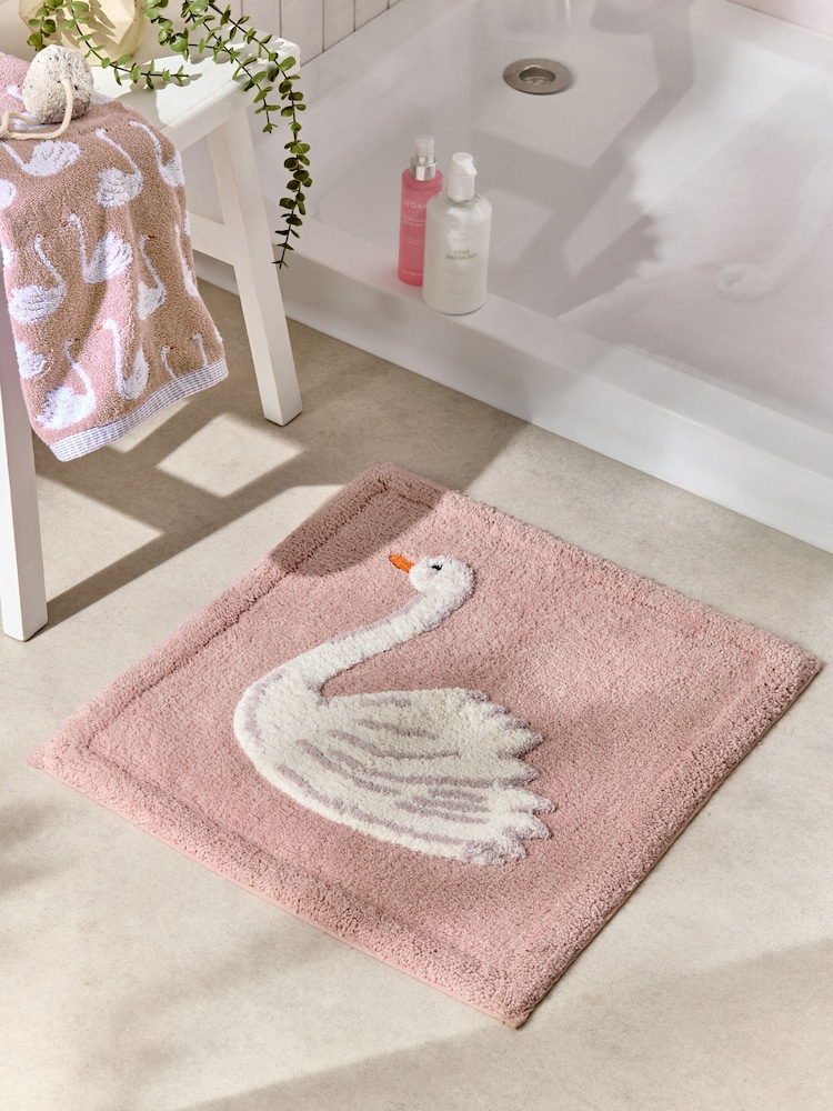 Pink Swan Print 100% Cotton Shower Mat - Image 1 of 3 Pink Swan Print 100% Cotton Shower Mat - Image 1 of 3