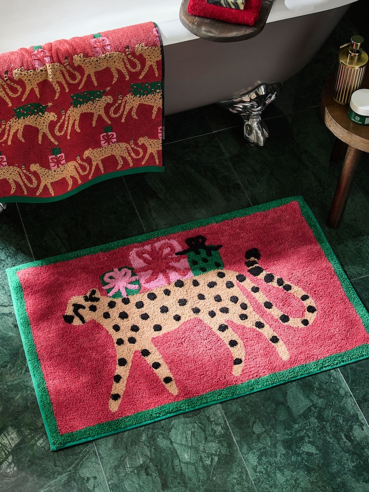 Multi Christmas Cheetah 100% Cotton Bath Mat - Image 1 of 3 Multi Christmas Cheetah 100% Cotton Bath Mat - Image 1 of 3