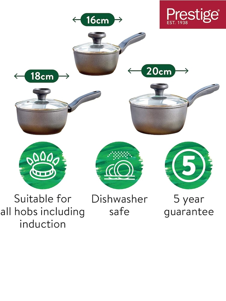 Prestige 3 Piece Grey Earthpan Recycled Aluminium Ceramic Non Stick Saucepan Set - Image 2 of 4