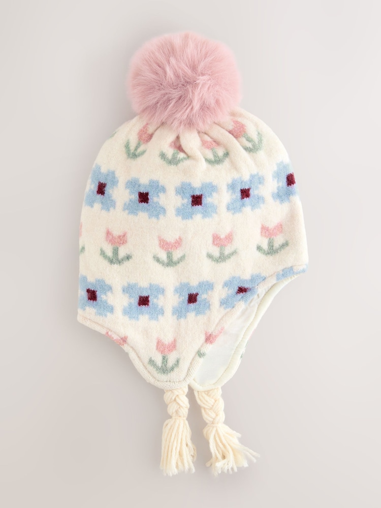 Neutral Stampy Flower Trapper Hat (3mths-13yrs) - Image 1 of 3