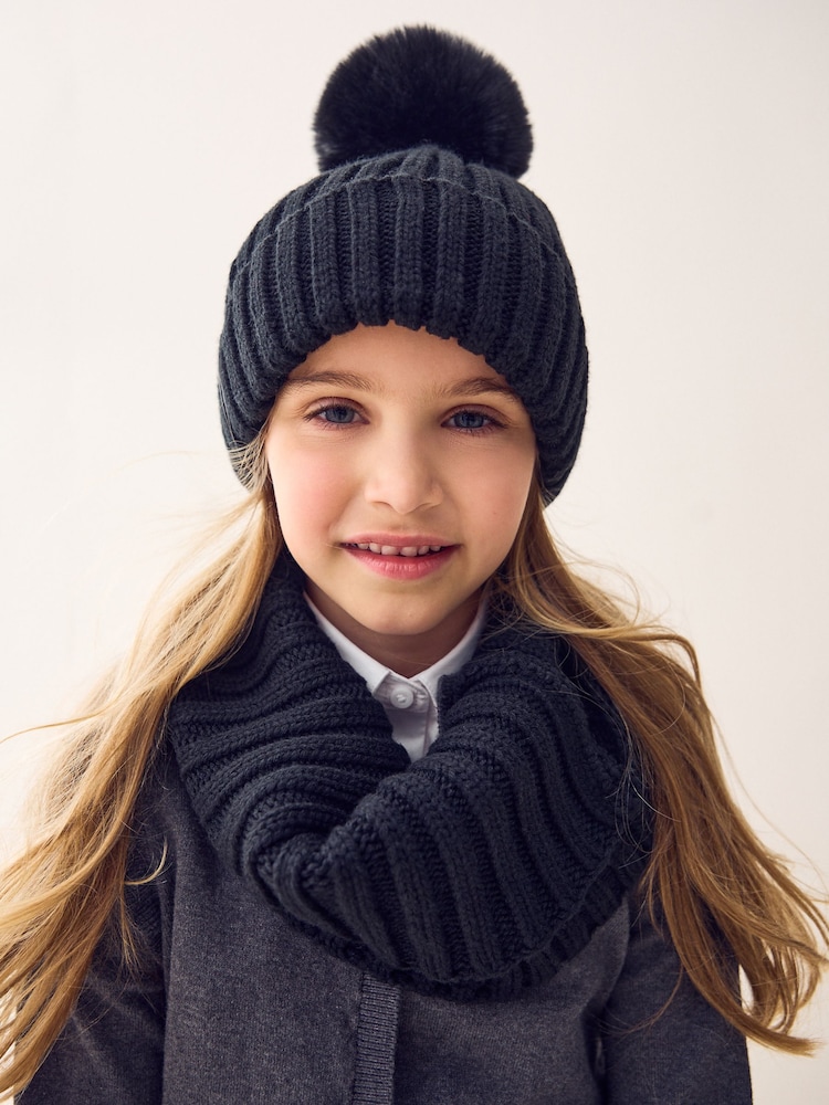 Black Rib Pom Beanie (3mths-16yrs) - Image 1 of 2