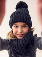 Black Rib Pom Beanie (3mths-16yrs) - Image 2 of 2