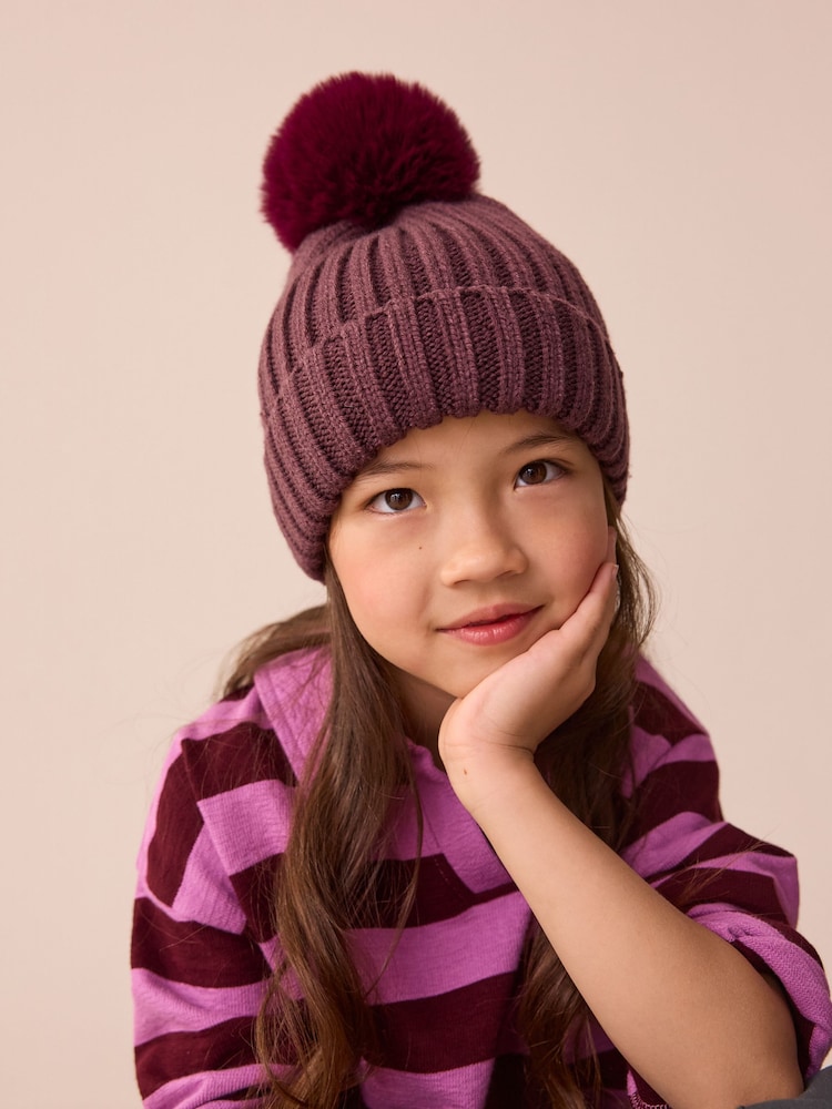 Purple Rib Pom Beanie (3mths-16yrs) - Image 1 of 2