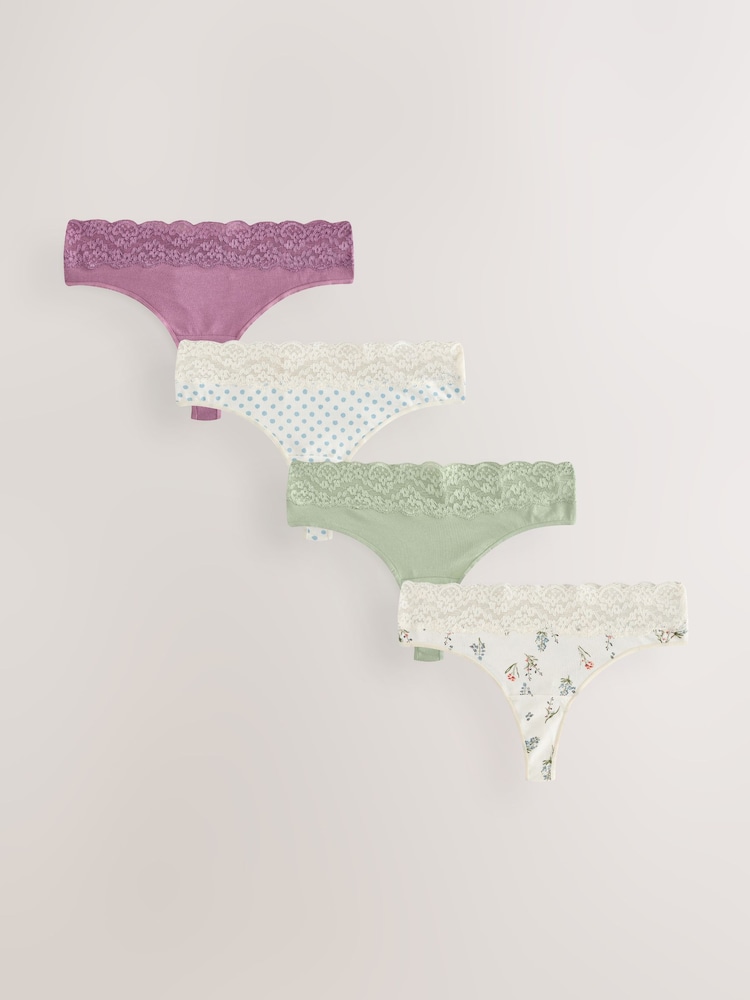 Green Ditsy Floral Thong Lace Knickers 4 Pack - Image 1 of 11