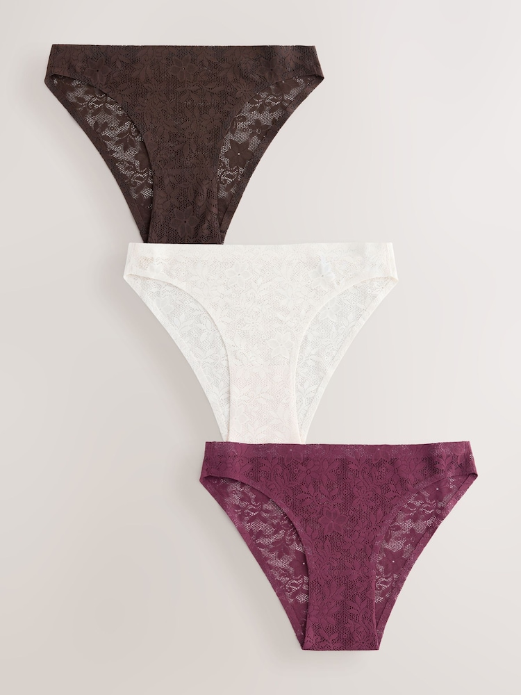 Cream/Chocolate/Burgundy High Leg All Over Lace No VPL Knickers 3 Pack - Image 1 of 13