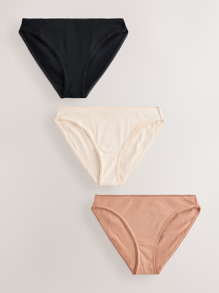 Black/Caramel Nude/Praline Nude High Rise High Leg Cotton Rib Knickers 3 Pack - Image 1 of 6 Black/Caramel Nude/Praline Nude High Rise High Leg Cotton Rib Knickers 3 Pack - Image 1 of 6